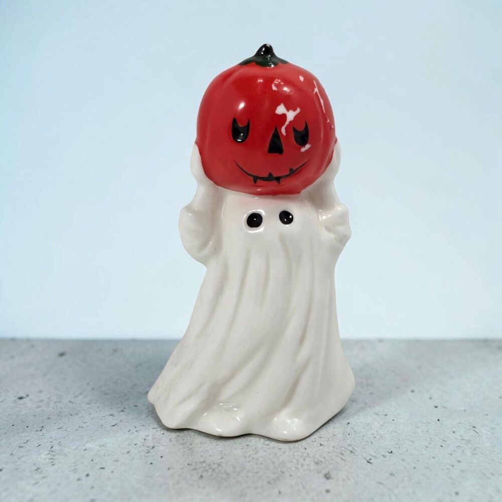 Vintage Porcelain Ghost Holding Jack O Lantern Figurine Halloween 4.5in Tall